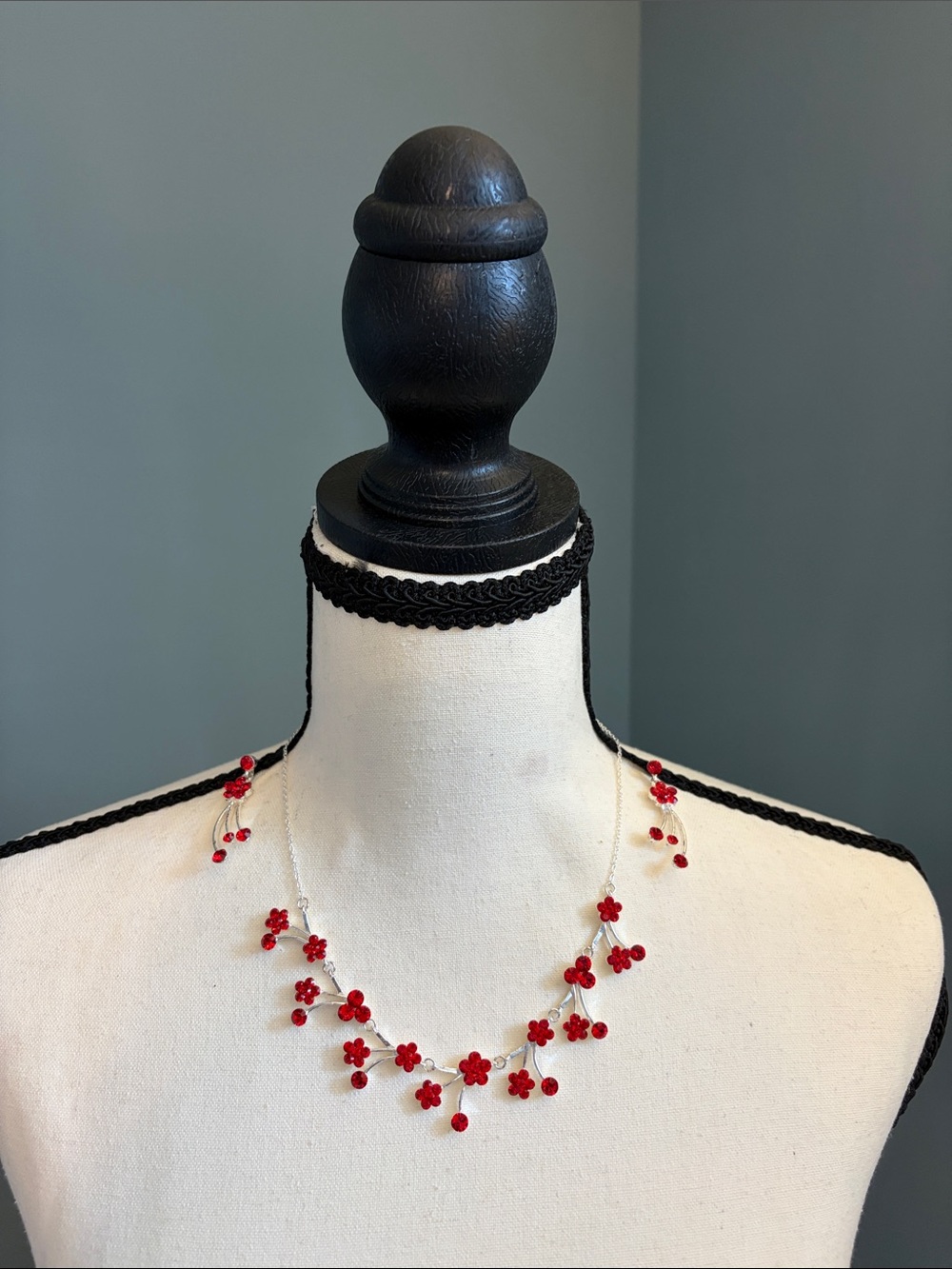 Red Floral Necklace - Delicate Silver Chain